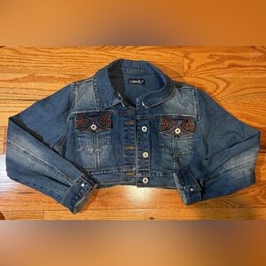 Vintage Clash Jeans Cropped Denim Jacket Embroidered Womens Large Y2K JeanJacket